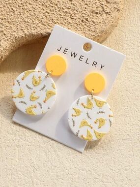 Chick Print Ceramic Texture Cute Round Acrylic Earrings